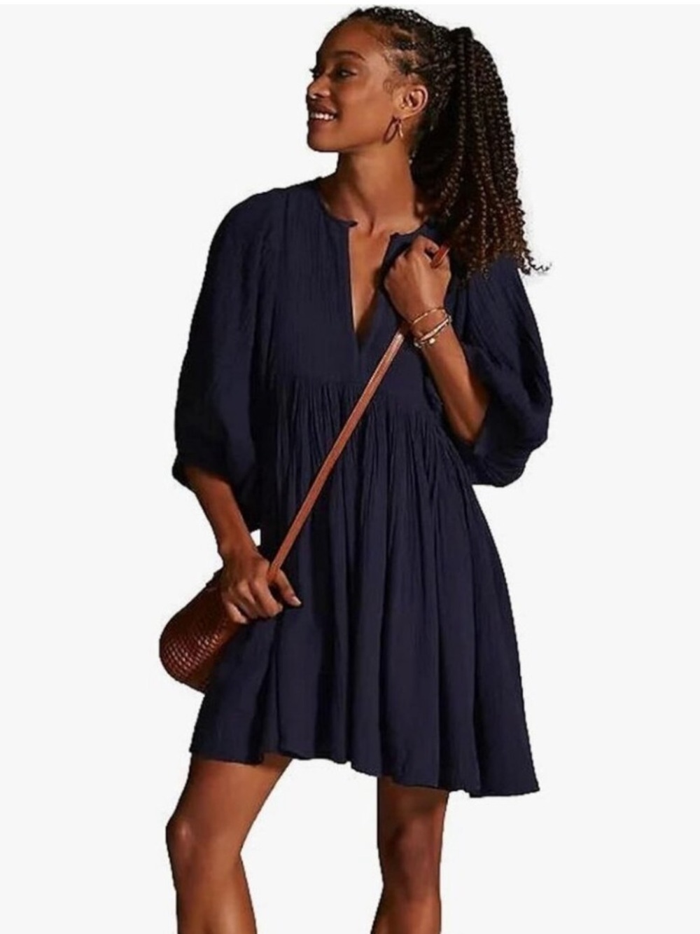 Anthropologie Sundry Boho Tunic Gauze Mini Dress Navy 3 Large Flowy Sleeves